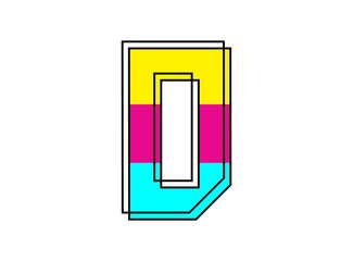 D font letter made of black frame outline shadow of font pink, blue, yellow color. Vector illustration for logo, design element, poster and more
