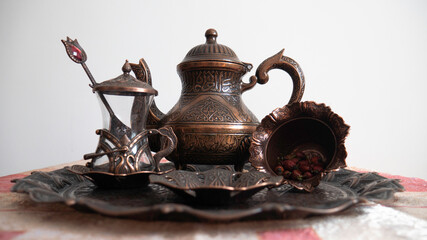 Oriental set for tea on a table.