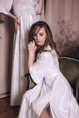 Obraz premium Close up woman portrait. Elegant fashionable caucasian beauty girl in white dress