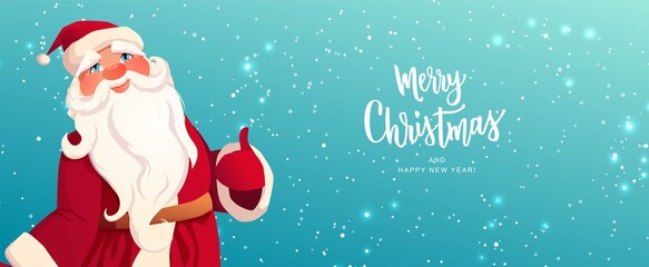 Santa Claus on textured background. Merry Christmas hand lettering text. Cartoon vector illustration.