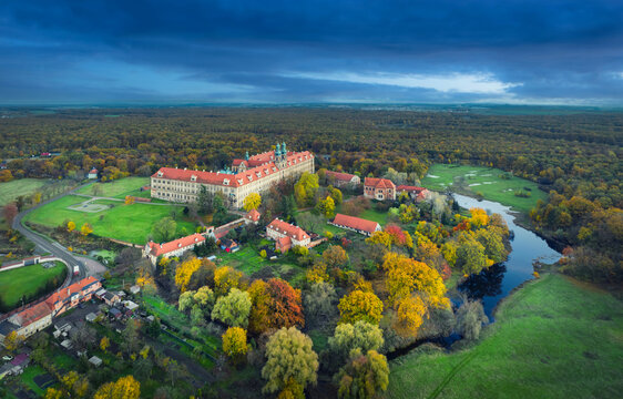 Lubiaz, Poland. Aerial view of historic Cistercian monastery (largest in the world)