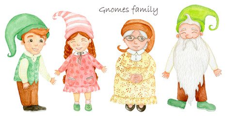 Family cute gnomes. Grandpa with grandma, smile girl and boy in caps. ISsolated on white. Watercolor hand drawn elements. Childrens illustration.