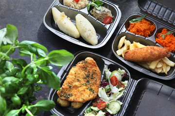   Box diet, balanced dietary catering. A set of dishes in styrofoam containers. Takeaway.