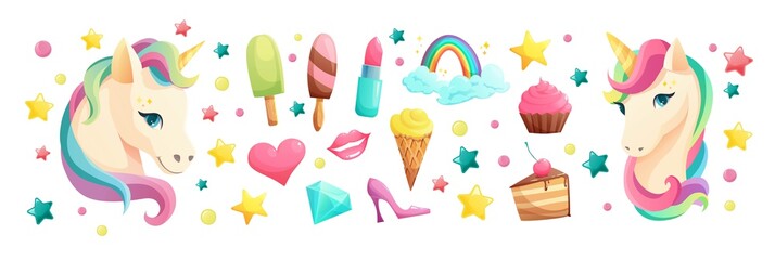 Cute unicorn face in flat style with sweet girlish elements. Ice cream, lipstick, cupcake, lips, heart, crystal, lollipop, rainbow. Cartoon vector illustration. - obrazy, fototapety, plakaty