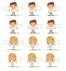 The cute boy and girl show Hand symbol and flag. Vector flat design illustration.