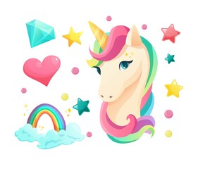 Cute unicorn face in flat style with sweet girlish elements. Ice cream, lipstick, cupcake, lips, heart, crystal, lollipop, rainbow. Cartoon vector illustration.