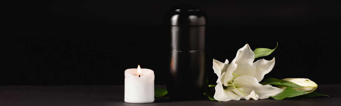 Lily, Candle And Urn With Ashes On Black , Funeral Concept, Banner