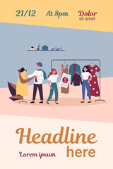 Shop sellers and assistance hanging clothes and price tags on racks. Main master designer dressing mannequin. Vector illustration for boutique, fashion house, industry, clothing design concept