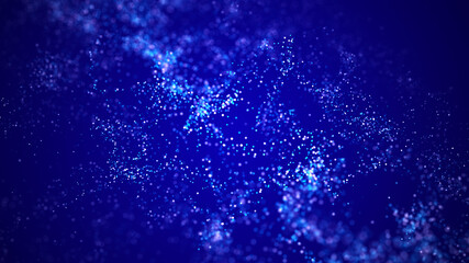 Digital background with moving glowing particles. Futuristic hi-tech illustration. Concept of data transfer in cyberspace. Big data visualization. 3d rendering.