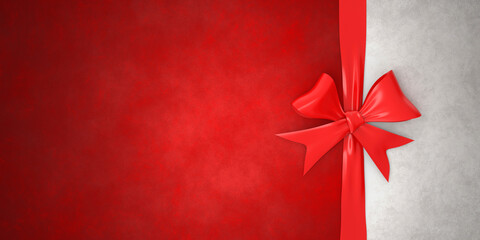 The festive red and white background is made of watercolor paper and red ribbon tied with a bow. Illustration with a marble texture effect. 3D Render