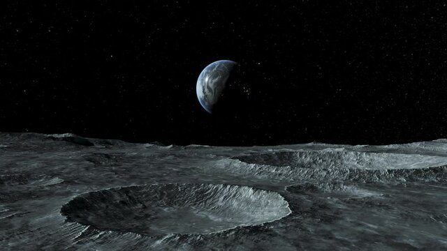 View of the planet Earth from the surface of the Moon. Airless space. Simulated drone flight. High quality 3d animation.