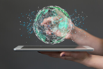 Global network. Blockchain. 3D illustration. Neural networks and artificial intelligence. Abstract