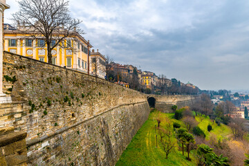 Citta Alta and Venetian wall view from Porta San Giacomo in Bergamo City