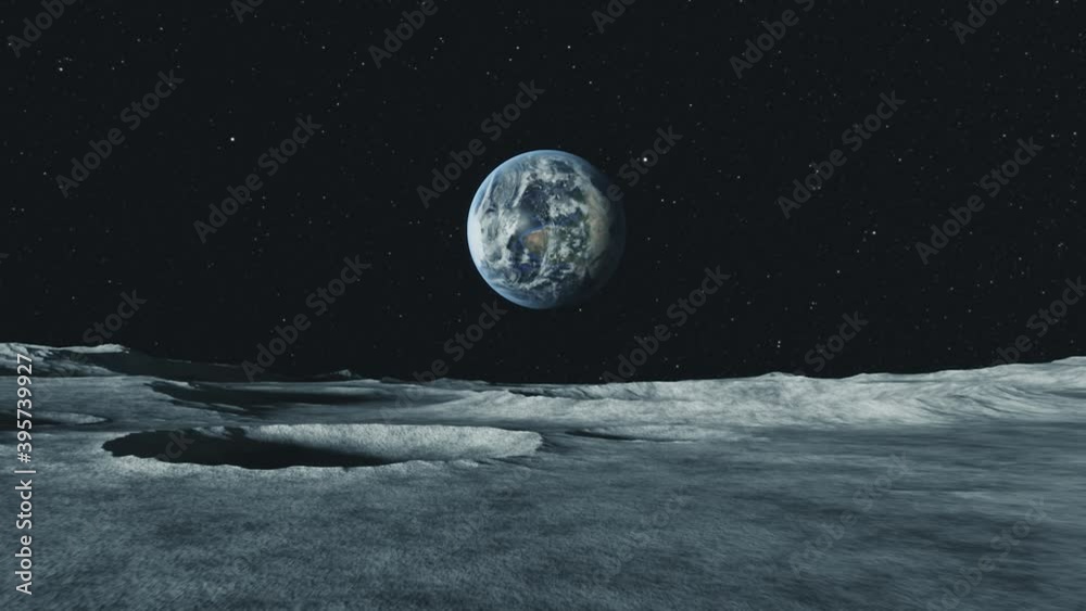 Wall mural view of the planet earth from the surface of the moon. airless space. simulated drone flight. high q