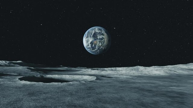 View of the planet Earth from the surface of the Moon. Airless space. Simulated drone flight. High quality 3d animation. Dolly zoom effect
