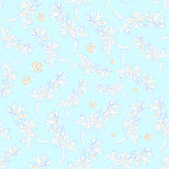 Blue flowers on light blue background. Botanical pattern in chinese style