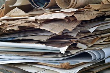 
Old, randomly folded paper, as waste paper.