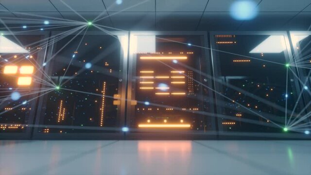 Digital information travels through fiber optic cables through the network and data servers behind glass panels in the server room of the data center. High speed digital lines