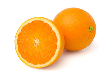 Sliced orange and orange fruit isolated on white background.