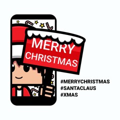 Merry Christmas. Cute santa claus carrying a x-mas board inside a phone. Online Christmas greetings. Illustration vector