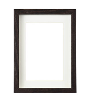 Dark brown wooden rectangle frame with passe-partout isolated on white background. Mock-up.