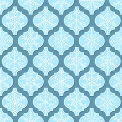 Vector seamless pattern with Arabesque tiles with different Christmas ornament. Snowflakes ornament on arabesque tile background. Xmas designs.