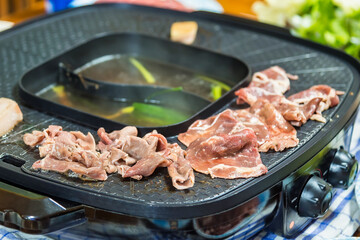Raw wagyu beef Grill on the electric grill.