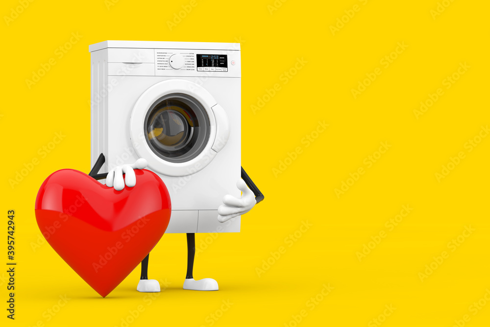 Poster modern white washing machine character mascot with red heart. 3d rendering