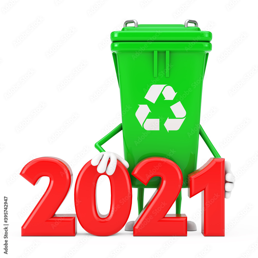 Leinwandbilder recycle sign green garbage trash bin character mascot with 2021 new year sign. 3d rendering