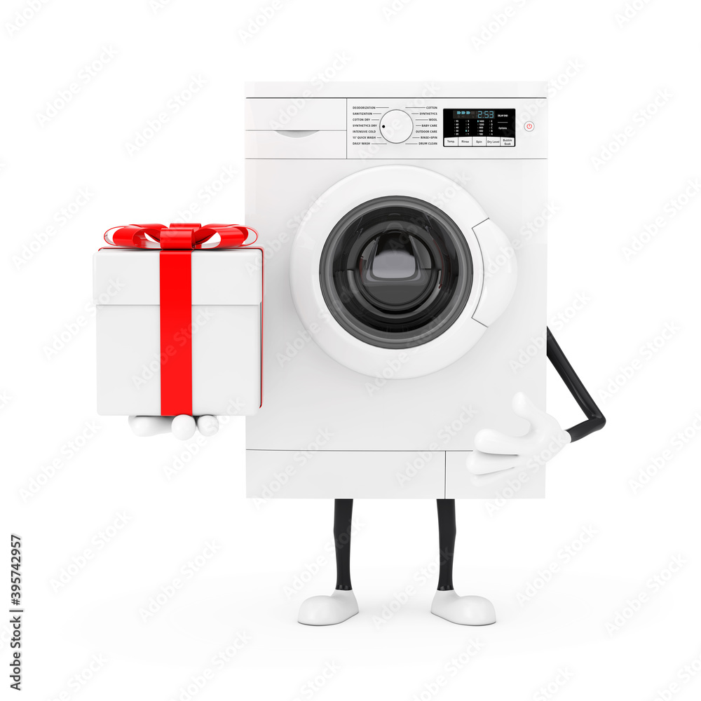 Poster modern white washing machine character mascot with gift box with red ribbon. 3d rendering