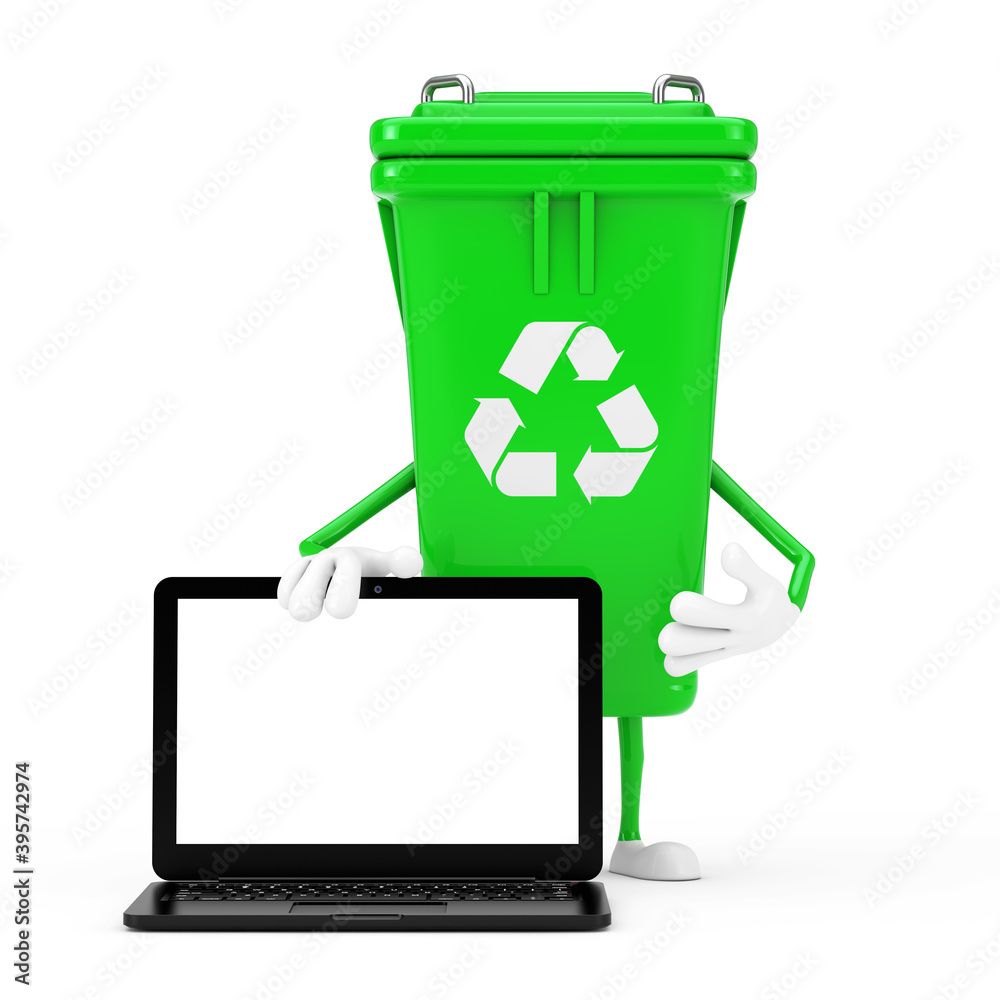 Leinwandbilder recycle sign green garbage trash bin character mascot and modern laptop computer with white screen f