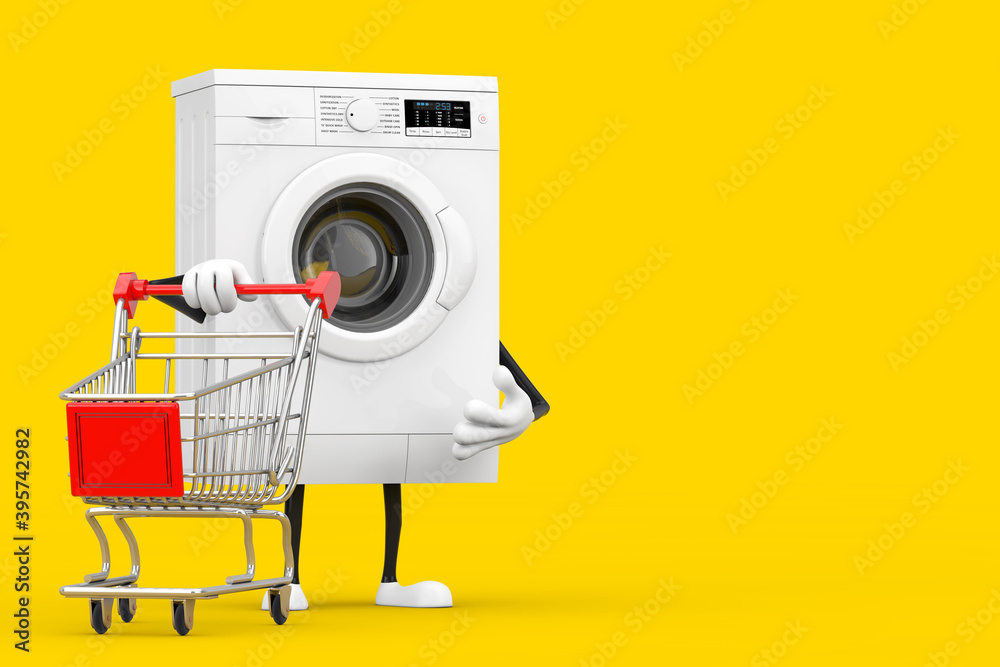 Poster Modern White Washing Machine Character Mascot with Shopping Cart Trolley. 3d Rendering
