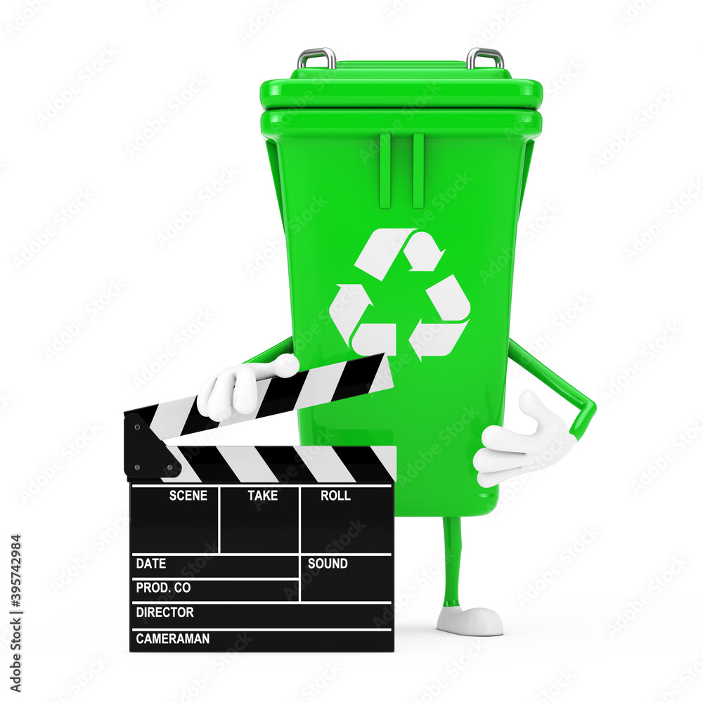 Aufkleber Recycle Sign Green Garbage Trash Bin Character Mascot with Movie Clapper Board . 3d Rendering