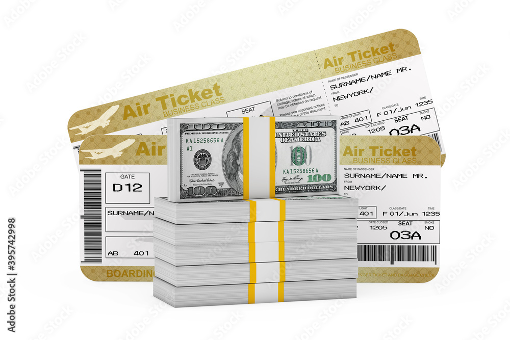 Aufkleber Stack of Dollar Bills in front of Two Golden Business or First Class Airline Boarding Pass Fly Air Tickets. 3d Rendering