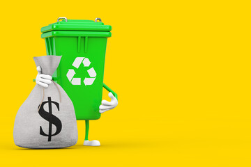 Recycle Sign Green Garbage Trash Bin Character Mascot with Tied Rustic Canvas Linen Money Sack or Money Bag with Dollar Sign. 3d Rendering