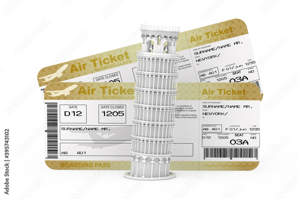 Poster white leaning pisa tower in front of two golden business or first class airline boarding pass fly ai