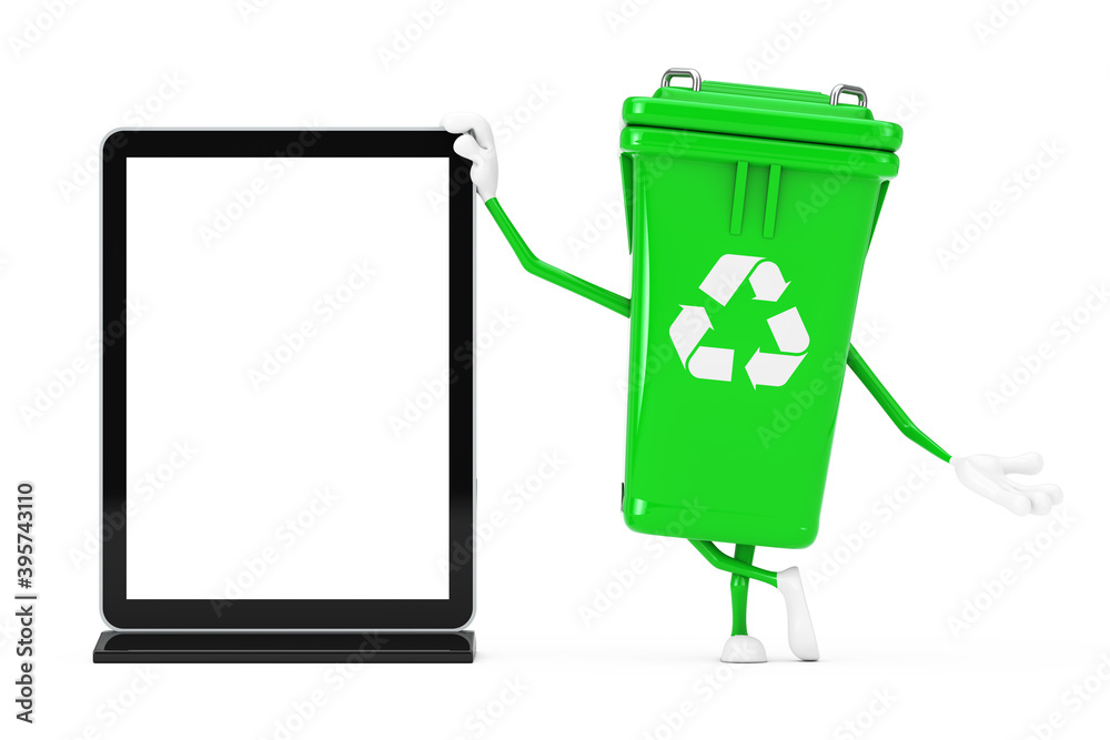 Aufkleber recycle sign green garbage trash bin character mascot with blank trade show lcd screen stand as temp