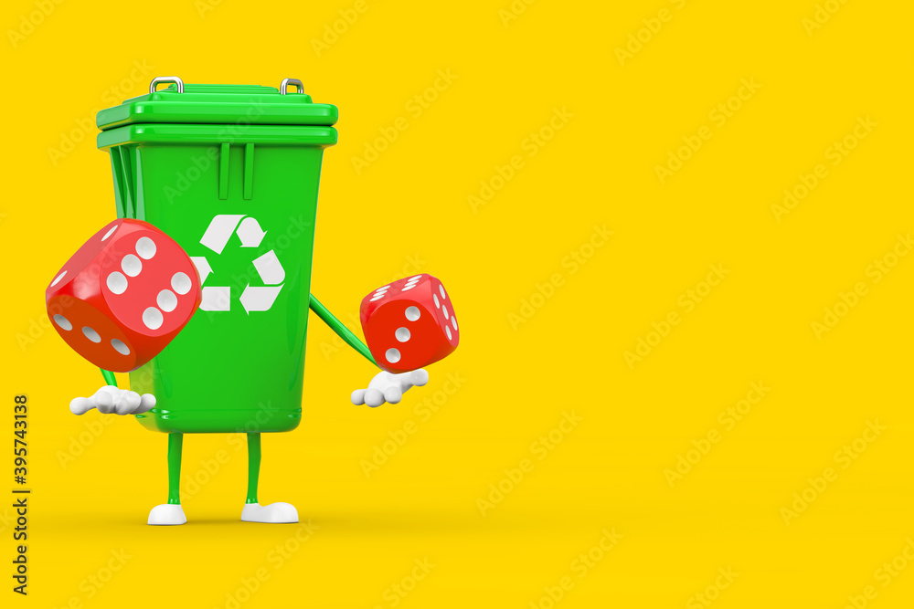 Poster Recycle Sign Green Garbage Trash Bin Character Mascot with Red Game Dice Cubes in Flight. 3d Rendering