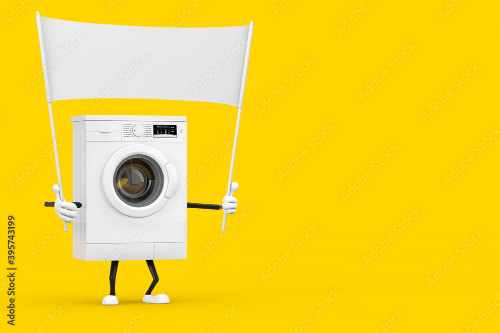 Aufkleber Modern White Washing Machine Character Mascot and Empty White Blank Banner with Free Space for Your Design. 3d Rendering
