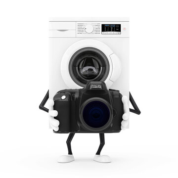 Modern White Washing Machine Character Mascot with Modern Digital Photo Camera. 3d Rendering