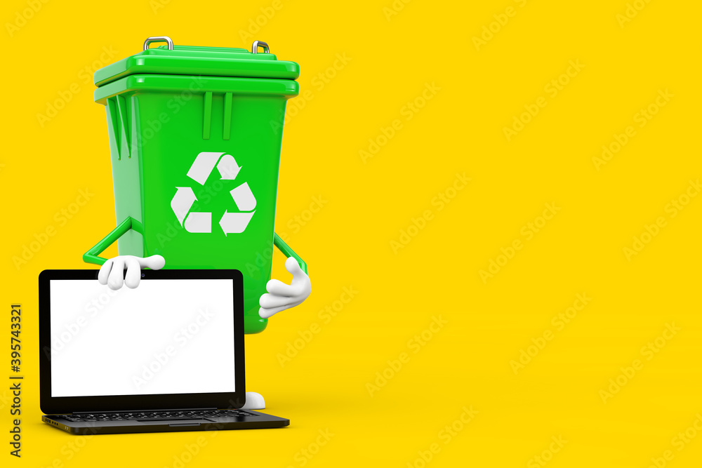 Leinwandbilder recycle sign green garbage trash bin character mascot and modern laptop computer with white screen f