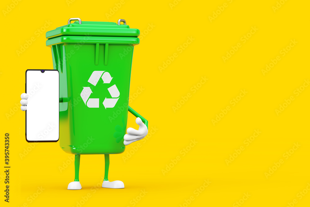 Aufkleber Recycle Sign Green Garbage Trash Bin Character Mascot with Modern Mobile Phone with Blank Screen for Your Design. 3d Rendering