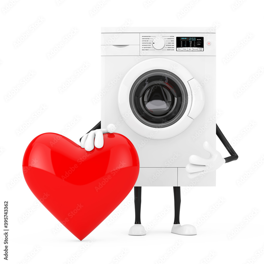 Poster modern white washing machine character mascot with red heart. 3d rendering