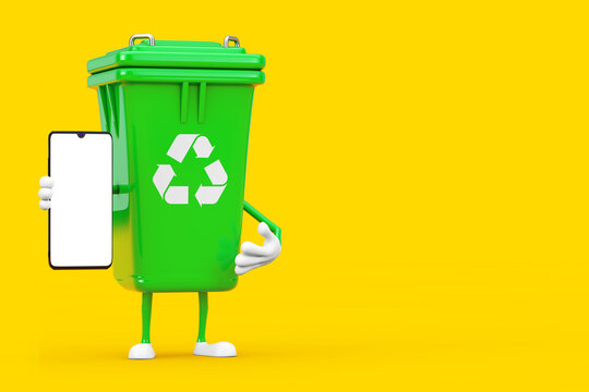 Recycle Sign Green Garbage Trash Bin Character Mascot with Modern Mobile Phone with Blank Screen for Your Design. 3d Rendering