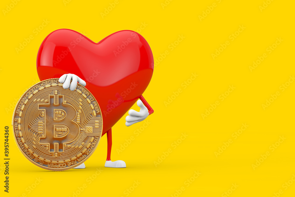 Aufkleber red heart character mascot with digital and cryptocurrency golden bitcoin coin. 3d rendering