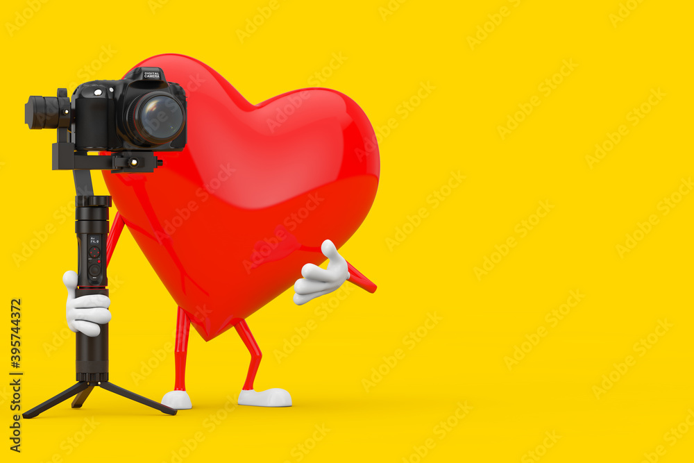 Aufkleber Red Heart Character Mascot with DSLR or Video Camera Gimbal Stabilization Tripod System. 3d Rendering