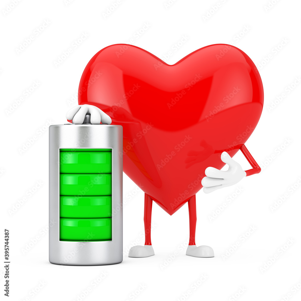 Aufkleber Red Heart Character Mascot with Abstract Charging Battery. 3d Rendering