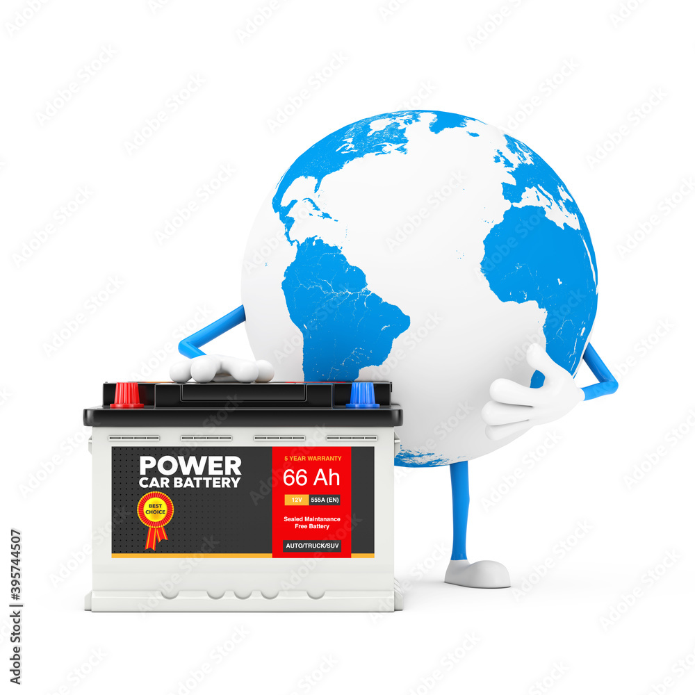 Aufkleber Earth Globe Character Mascot and Rechargeable Car Battery 12V Accumulator with Abstract Label. 3d Rendering