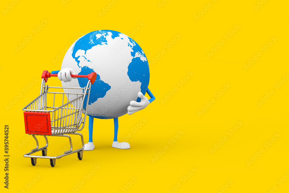 Poster earth globe character mascot with shopping cart trolley. 3d rendering