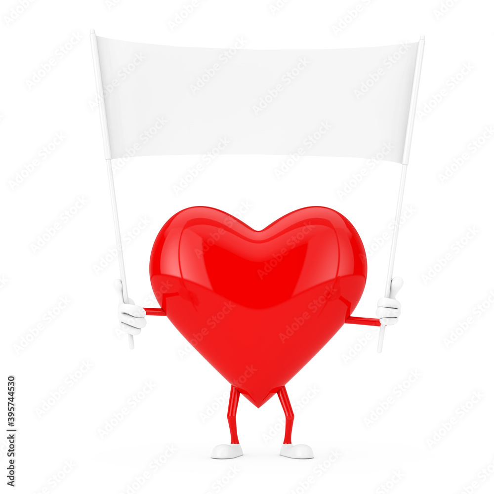 Fototapete red heart character mascot and empty white blank banner with free space for your design. 3d renderin